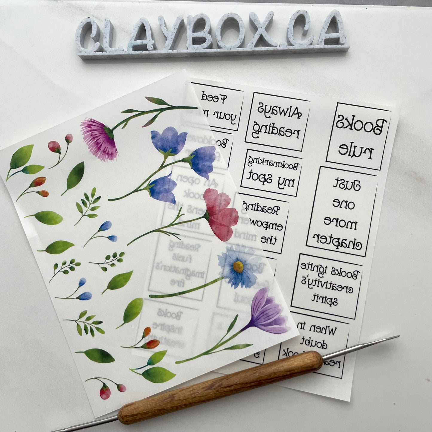 Image transfers - Flower, leaves and phrases for bookmarks