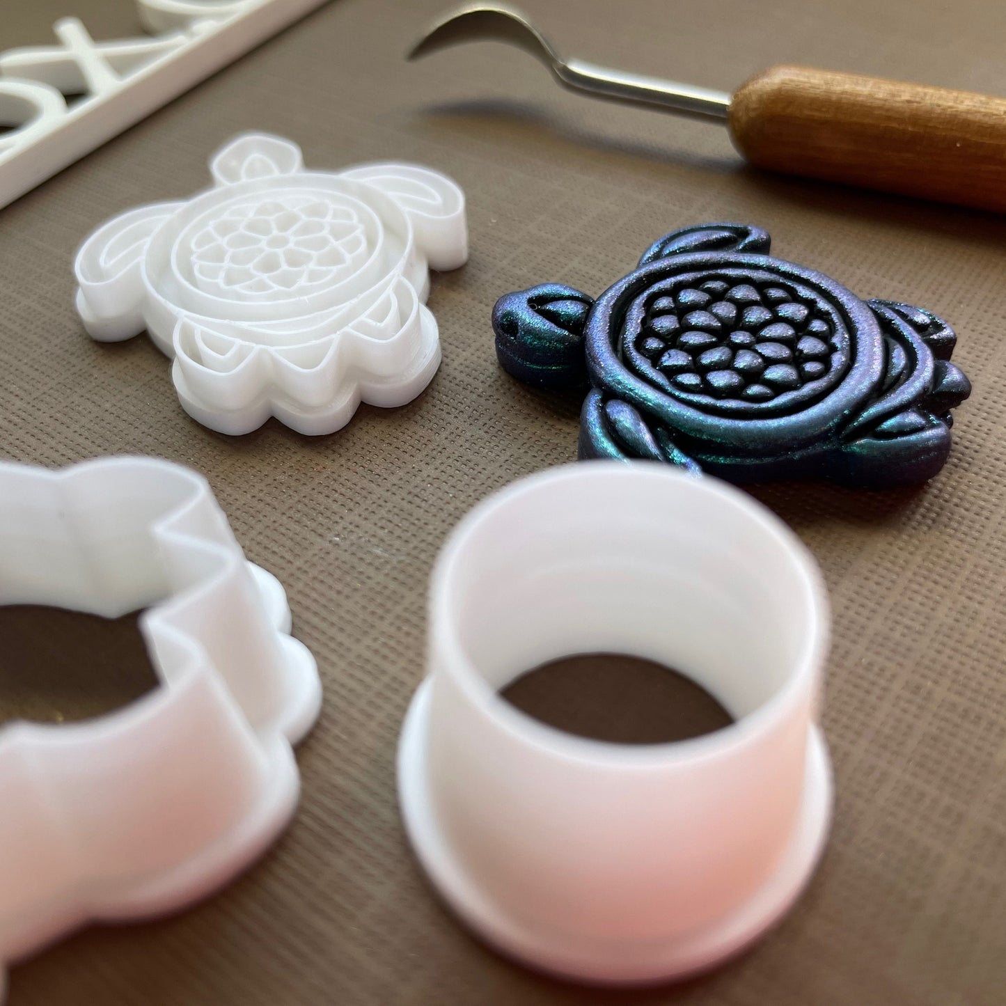 Mandala turtle stamp and cutter set - made for use with polymer clay